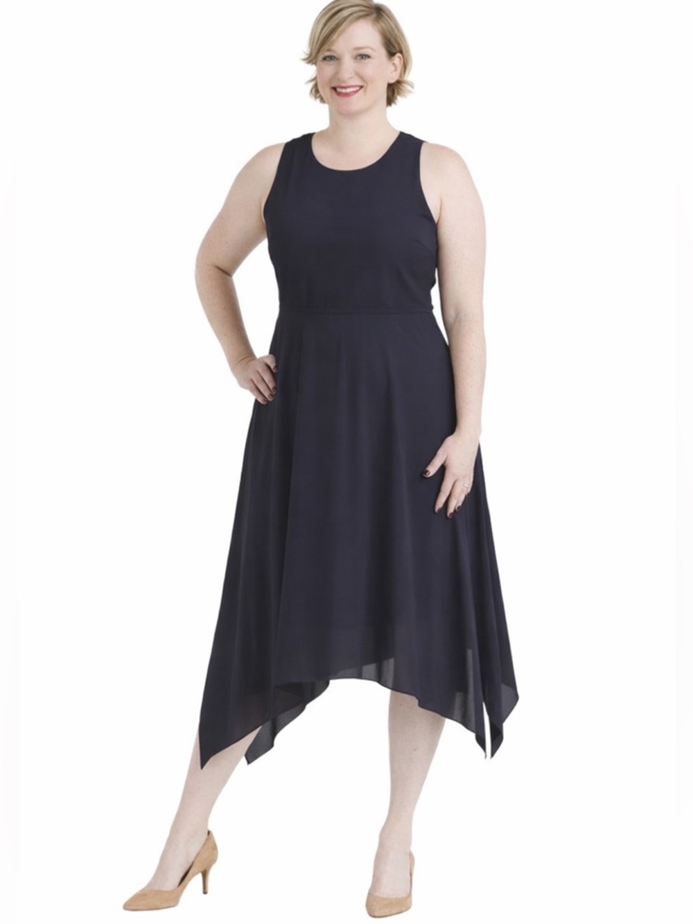 Karen Kane Overlay Hanky Hem Navy Office Career Casual Party Midi Dress size 1X